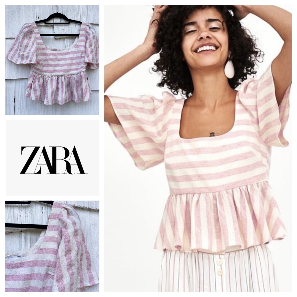 ZARA Striped‎ Peplum Square Neck Flutter Sleeve Top Pink White Size M